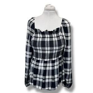 Inner Circle Women’s Long Sleeve Smock Bodice Blouse, Black Plaid, size XL